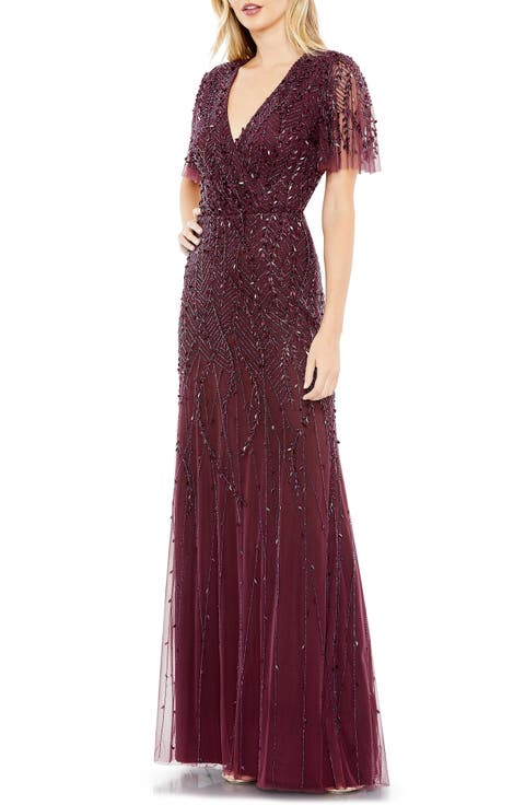Women’s Embellished Flutter Sleeve Evening Gown