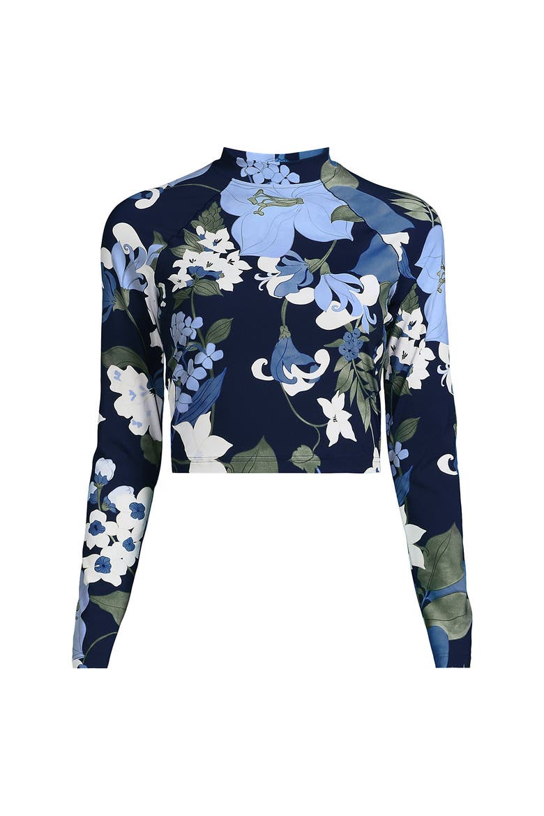 Plus Size Long Sleeve Cropped UPF 50 Rash Guard, Alternate, color, Deep Sea Navy Lilies