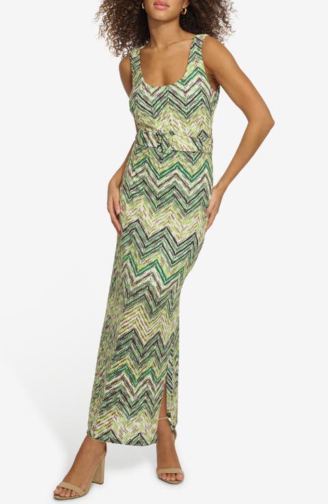 Zig Zag Knit Belted Maxi Dress