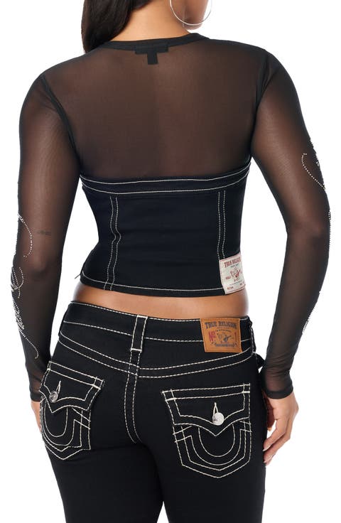 Crystal Mesh Denim Bustier Top