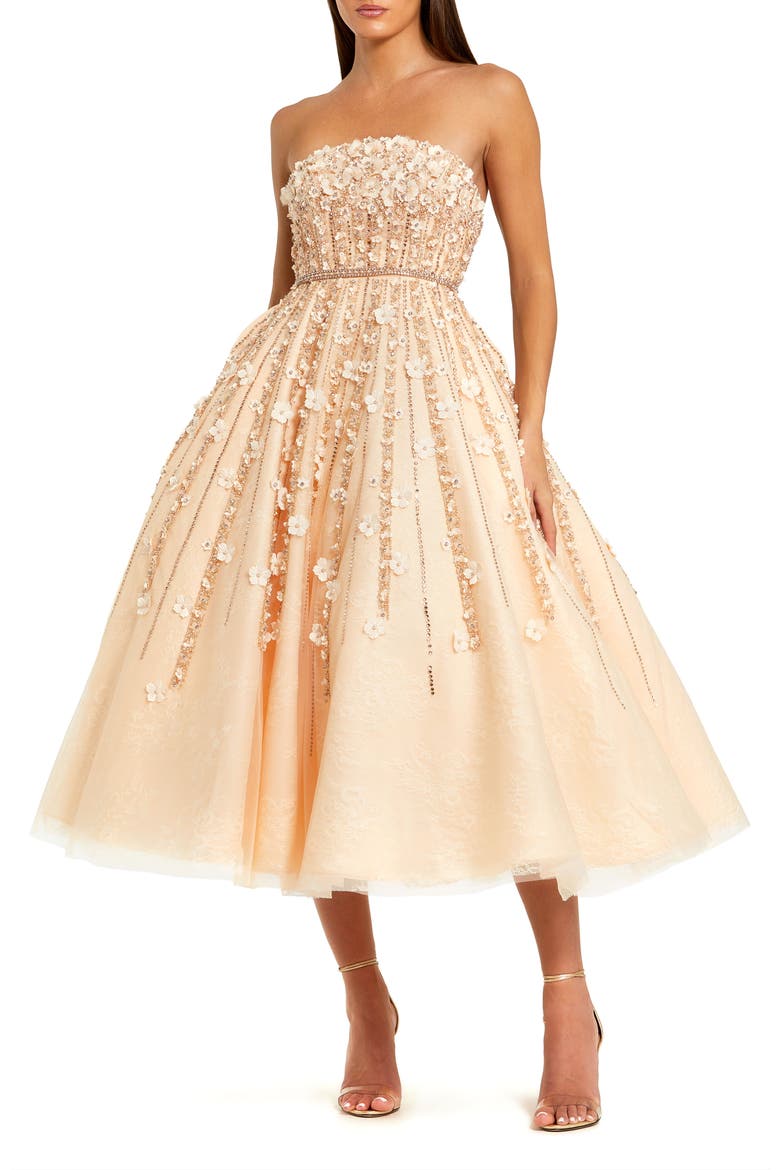 Embellished Lace Strapless Midi A Line Dress, Main, color, Champagne