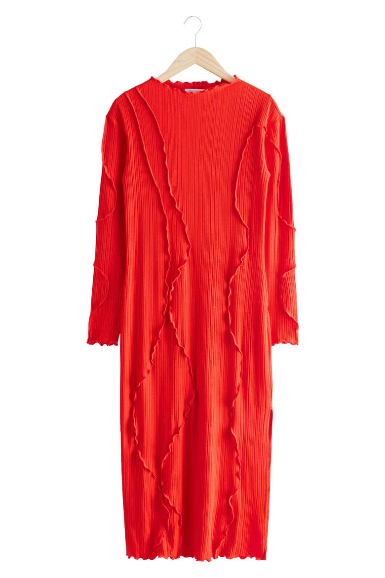 Beth Frilled Rib Long Sleeve Midi Dress, Alternate, color, RED