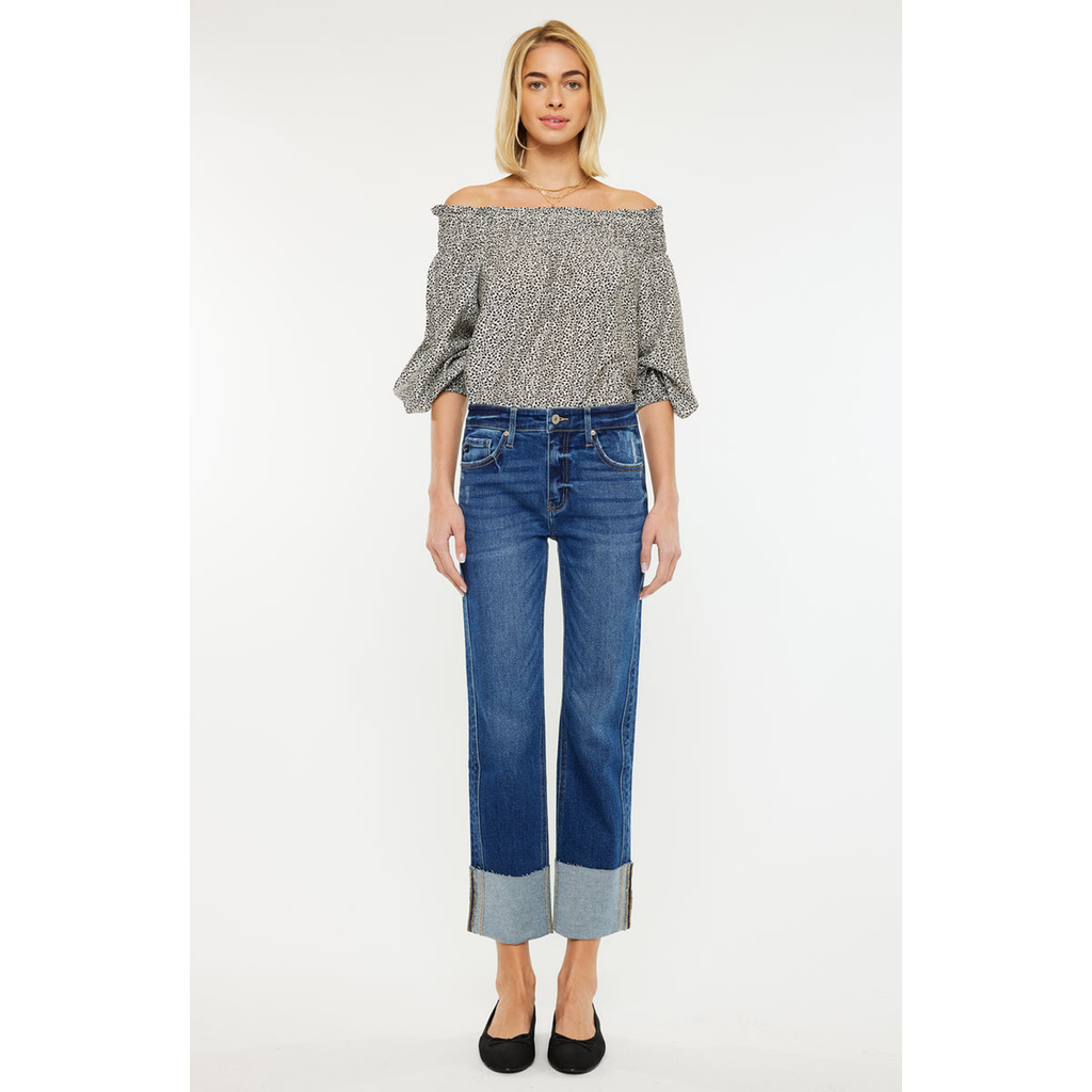 Kancan Gisela Mid Rise Crop Straight Jeans In Dark Wash