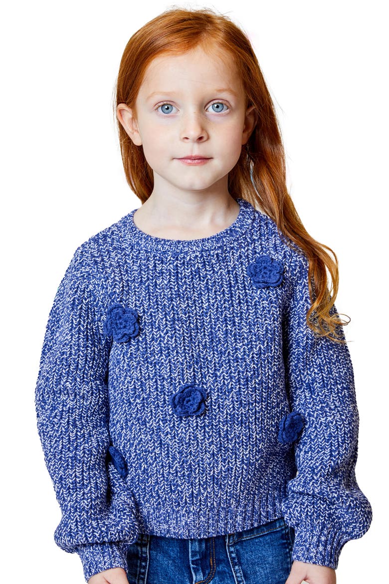 Kids' 3D Floral Appliqué Cotton Blend Sweater, Main, color, NAVY SKY