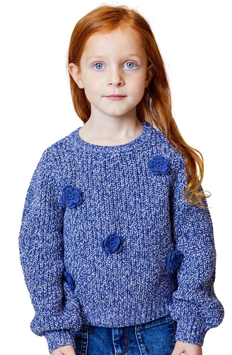 Design History Kids' 3D Floral Appliqué Cotton Blend Sweater, Main, color, Navy Sky