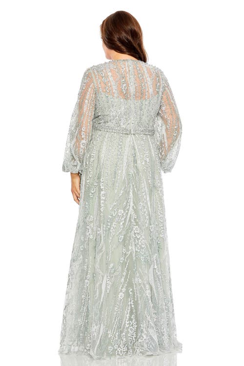 Mac Duggal V Neck Puff Sleeve Embroidered A Line Gown In Seamist