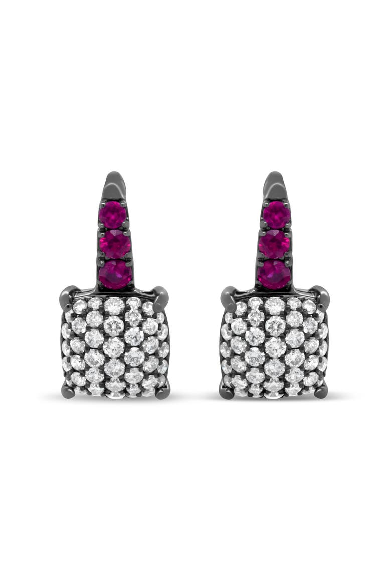 Rhodium over 18K White Gold 7/8 Ctw Diamond and Graduated Red Ruby Drop Earrings, Main, color, White