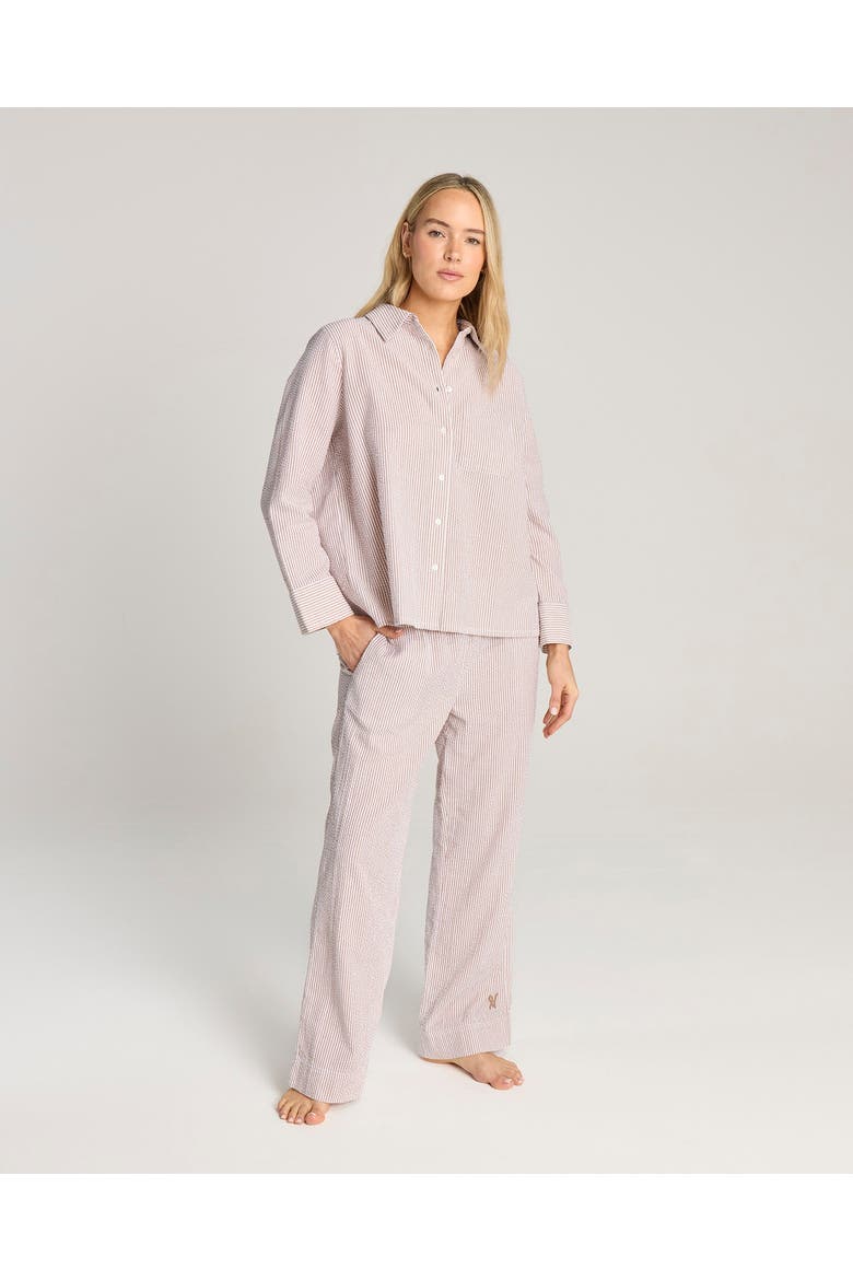 The Seersucker Boxy Long Sleeve Shirt, Main, color, Mocha Stripe