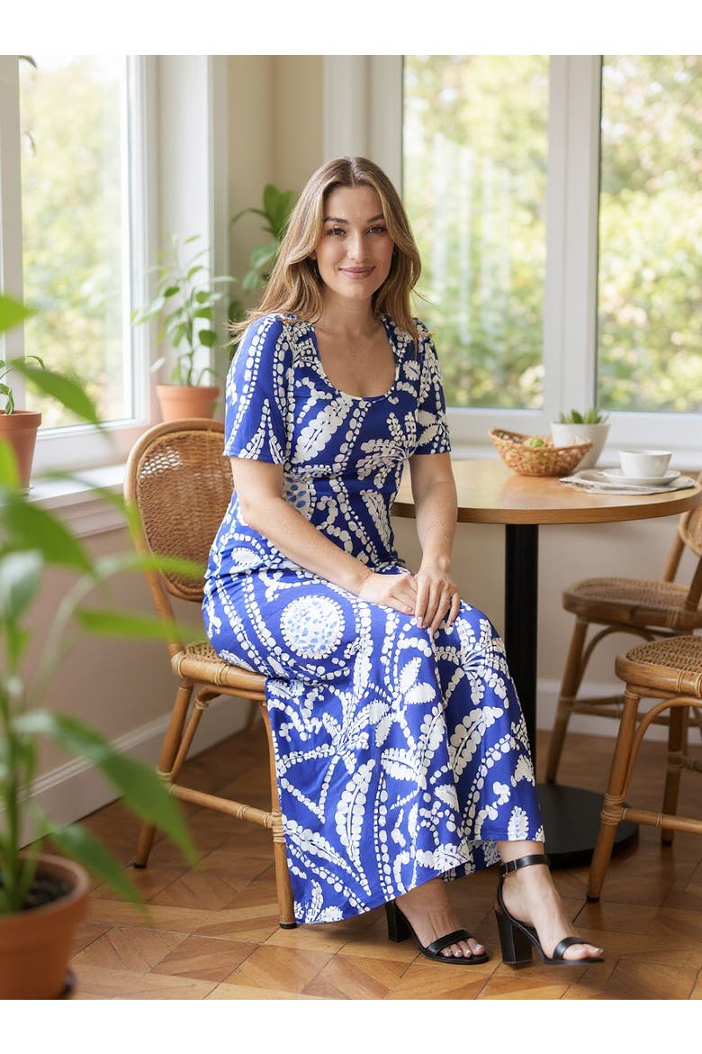 Womens Essential Paisley Scoop Neck Elbow Sleeve A-Line Maxi Dress, Alternate, color, Blue Multi