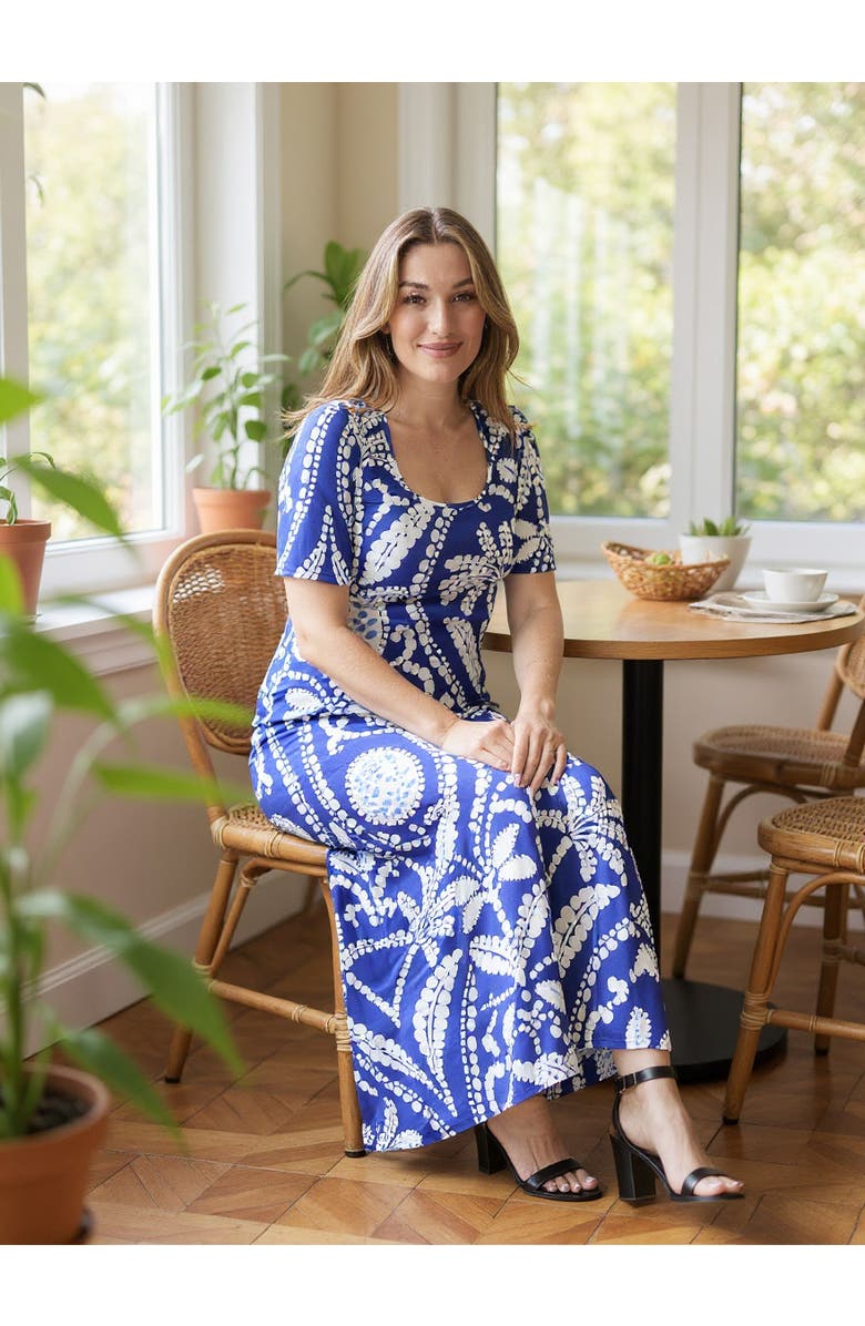 24seven Comfort Apparel Womens Essential Paisley Scoop Neck Elbow Sleeve A-Line Maxi Dress, Alternate, color, Blue Multi