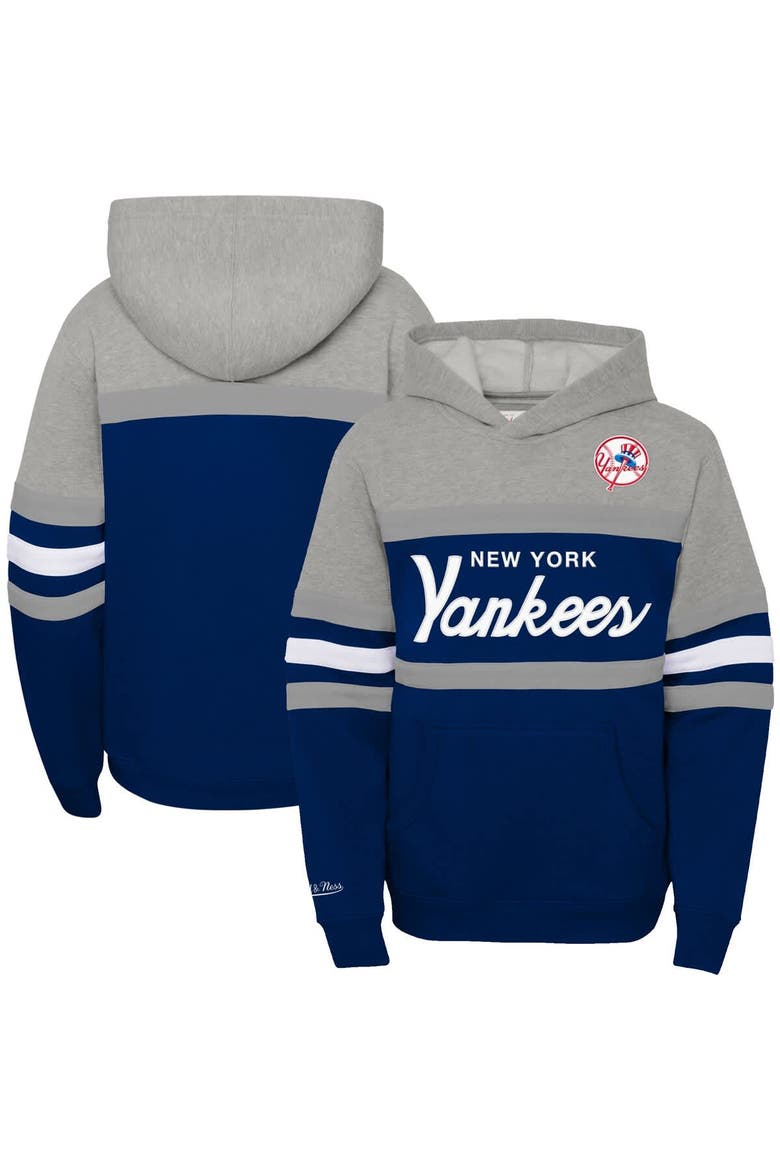Youth Mitchell & Ness Heather Gray/Navy New York Yankees Cooperstown Collection Head Coach Pullover Hoodie, Main, color, Heather Gray