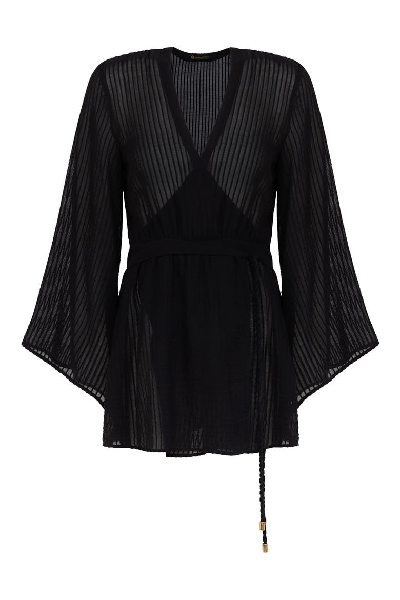 Winnie Long Sleeve Sheer Linen Blend Cover-Up Wrap Minidress, Alternate, color, BLACK