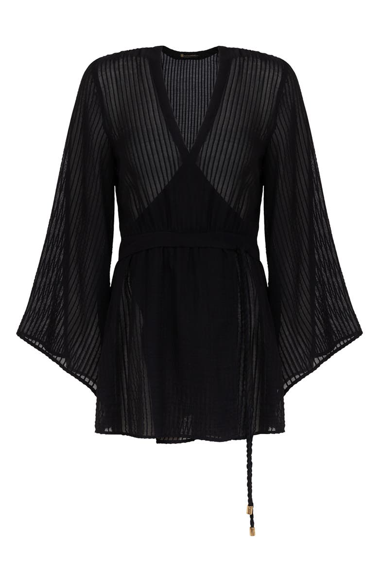 ViX Paula Hermanny Winnie Long Sleeve Sheer Linen Blend Cover-Up Wrap Minidress, Alternate, color, Black