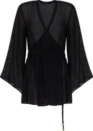 ViX Paula Hermanny Winnie Long Sleeve Sheer Linen Blend Cover-Up Wrap Minidress