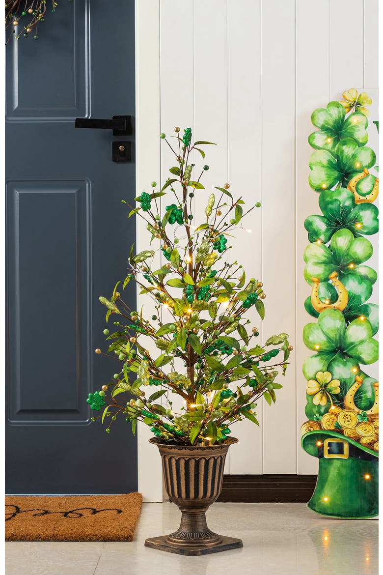 3FT Lighted St. Patrick's Shamrock Urn Porch Tree with Timer, Alternate, color, Green