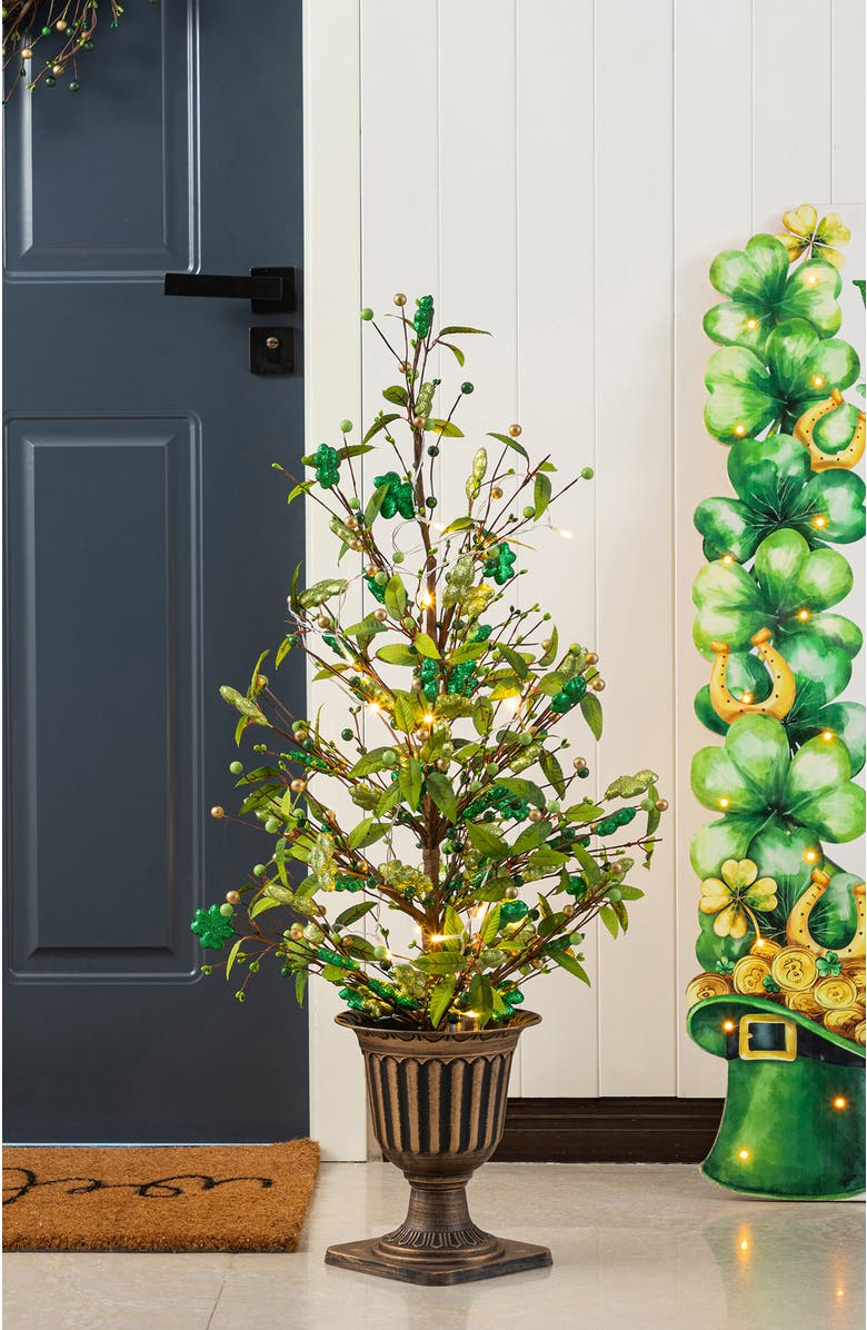 Glitzhome 3FT Lighted St. Patrick's Shamrock Urn Porch Tree with Timer, Alternate, color, Green