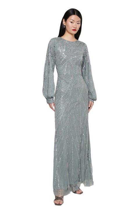 Occasion Modest Embellished Sequin Beaded Boat Neck Evening Maxi