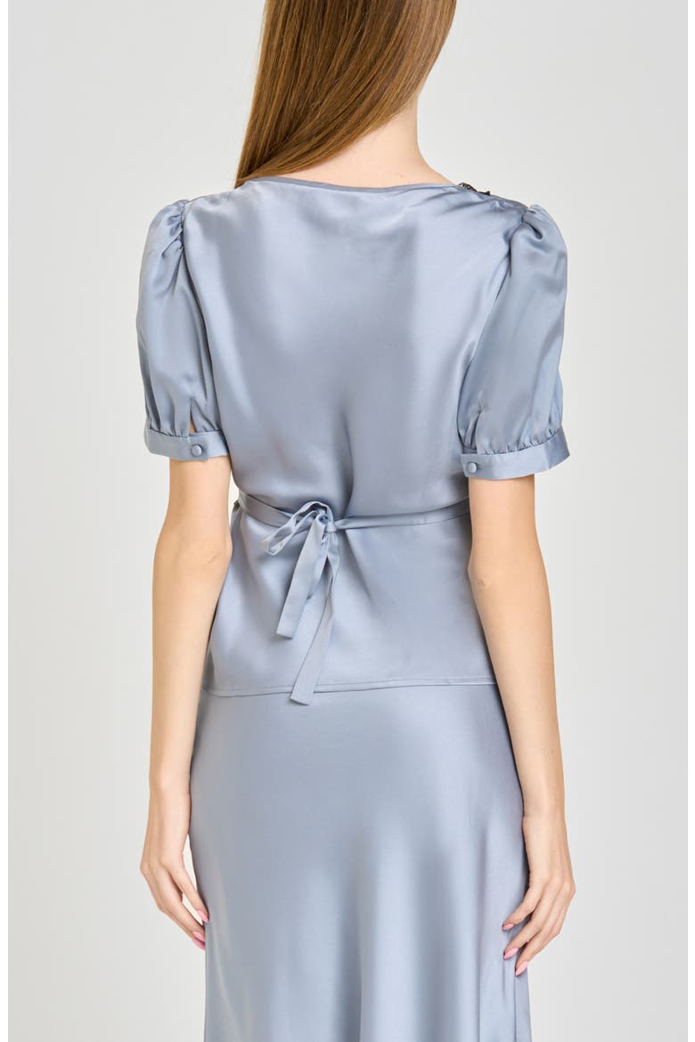 Felicity Lace Trim V-Neck Satin Top, Alternate, color, SLATE