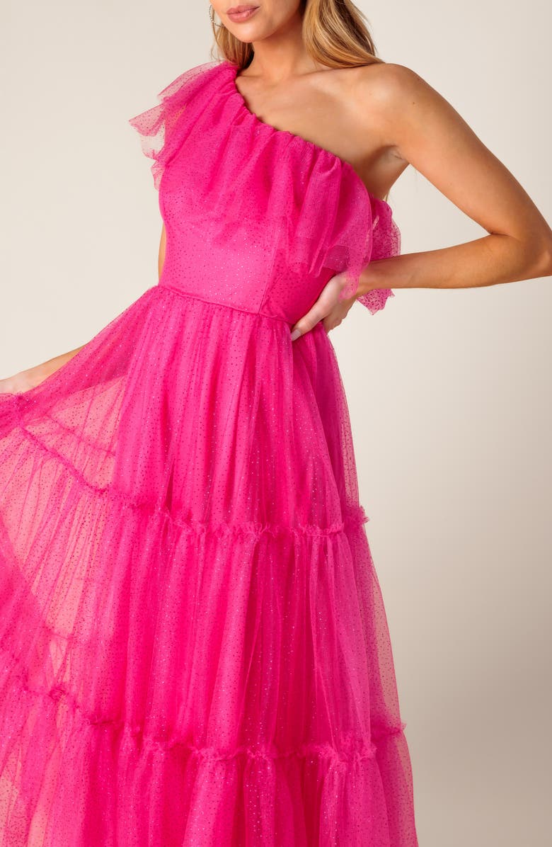 FLYING TOMATO One-Shoulder Tulle Midi Dress, Alternate, color, Fuchsia