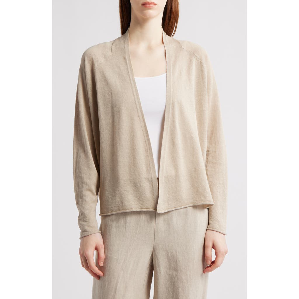 Eileen Fisher Raglan Sleeved Linen Blend High Collar Cardigan In Neutral