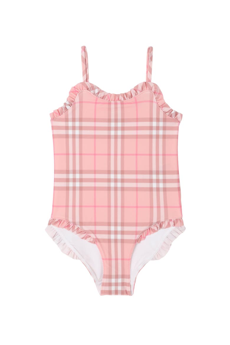 Girls' Ruffle Trim Check Swimsuit, Main, color, Peony pink