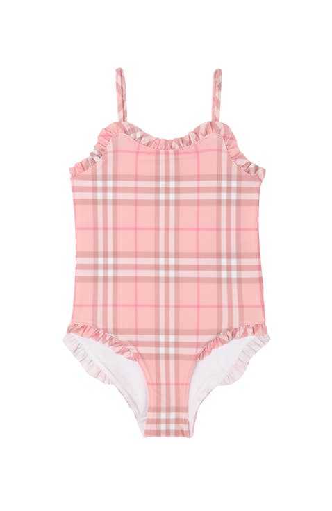 Girls' Ruffle Trim Check Swimsuit