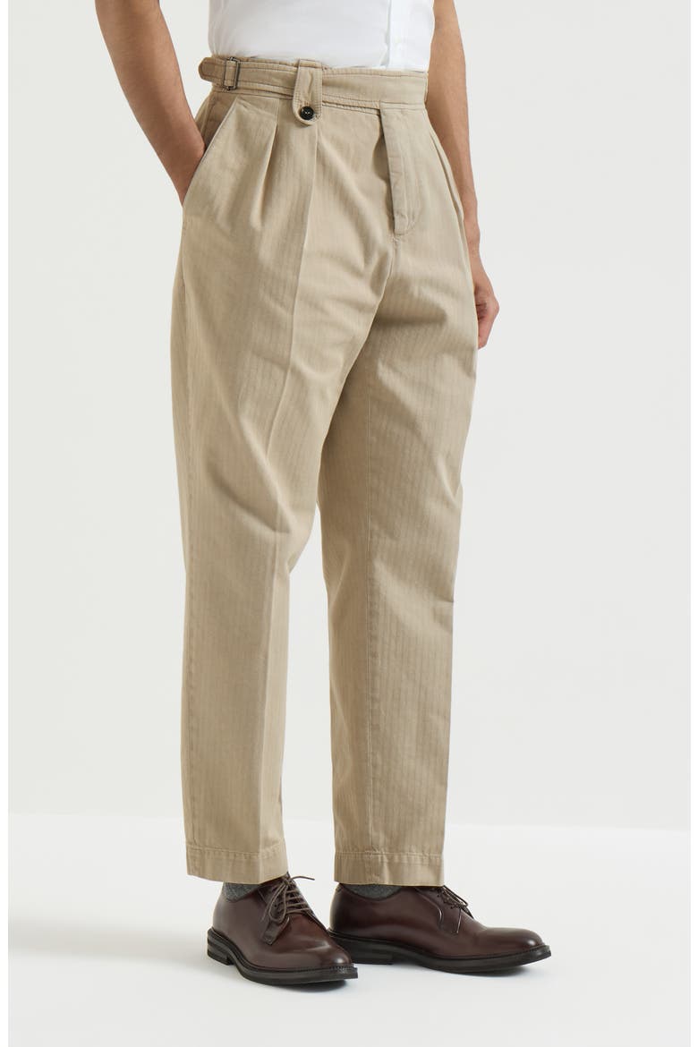 Cotton chevron trousers with double pleats and waist tabs, Main, color, Navy Blue