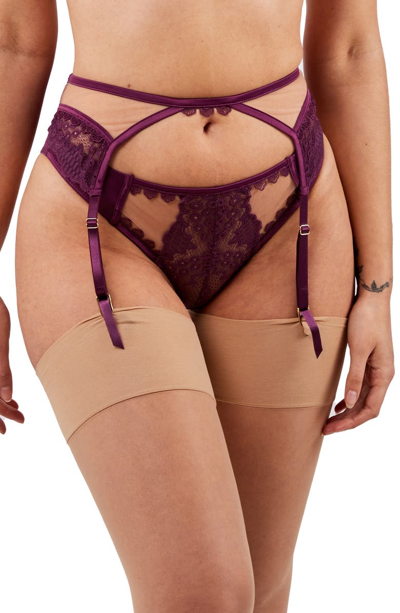 Playful Promises x Felicity Hayward Astrid Merlot Strappy Lace Suspender Belt, Main, color,