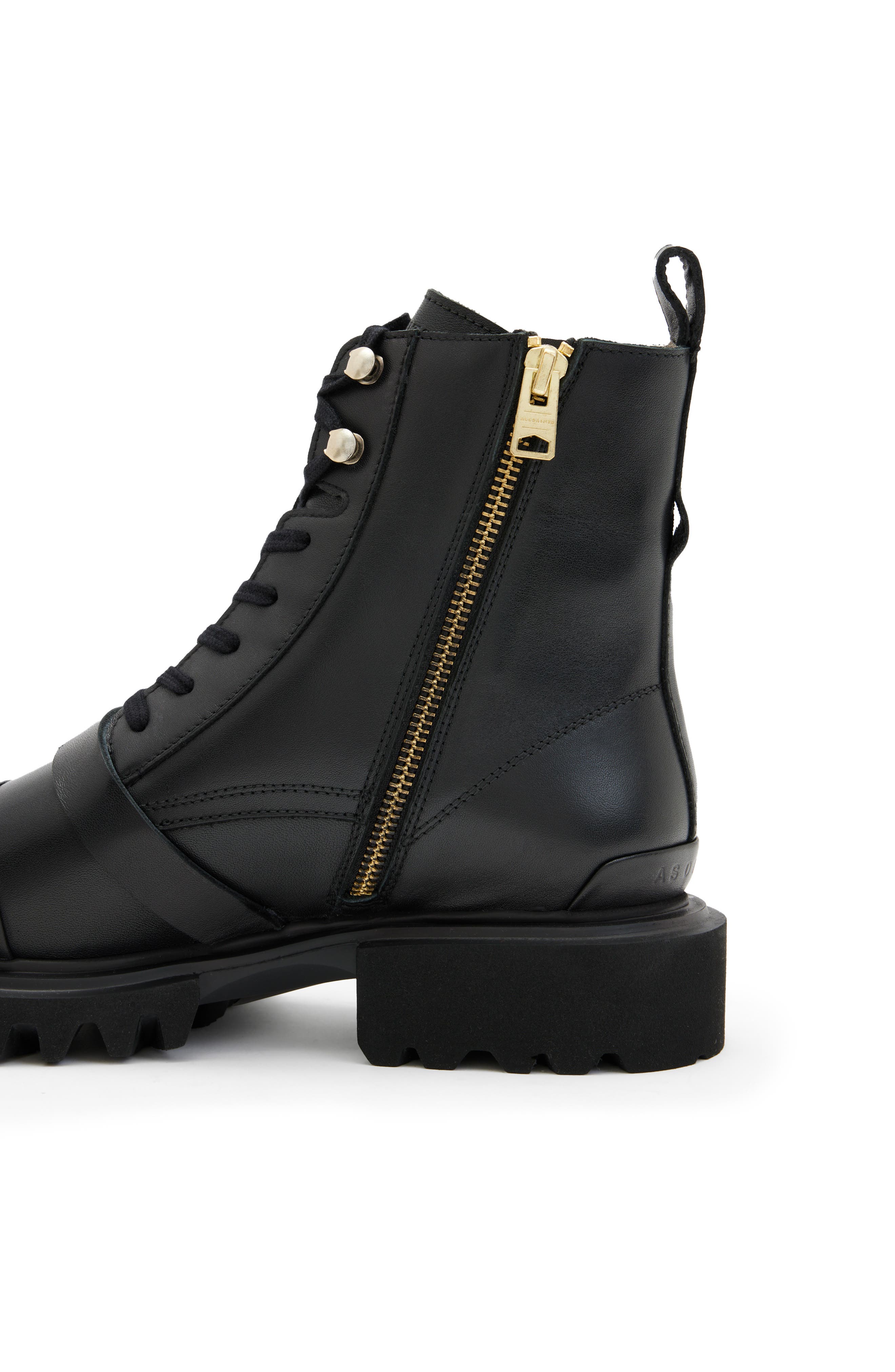 AllSaints Tori Lug Sole Boot, Alternate, color, Black/Warm Brass