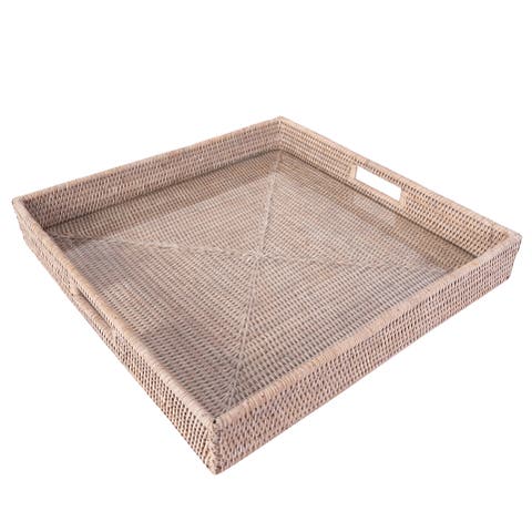 Artifacts Rattan Square Serving Ottoman Trays with Glass Insert