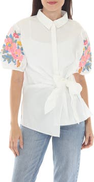 RAIN AND ROSE Embroidered Puff Sleeve Tie Waist Top