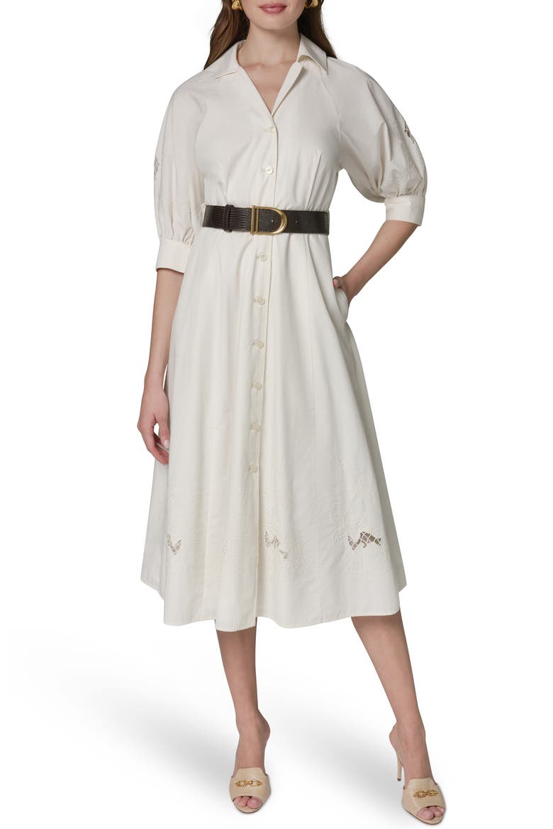 Embroidered Puff Sleeve Belted Cotton Shirtdress, Main, color, CREAM/ CREAM