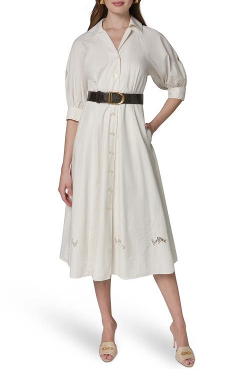 Embroidered Puff Sleeve Belted Cotton Shirtdress