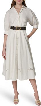 Donna Karan New York Embroidered Puff Sleeve Belted Cotton Shirtdress