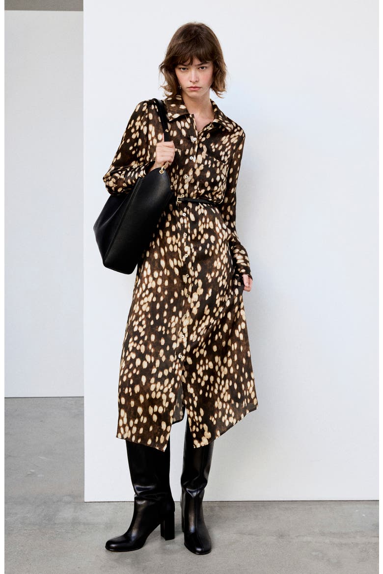 Printed Belted Long Sleeve Shirtdress, Alternate, color, BROWN