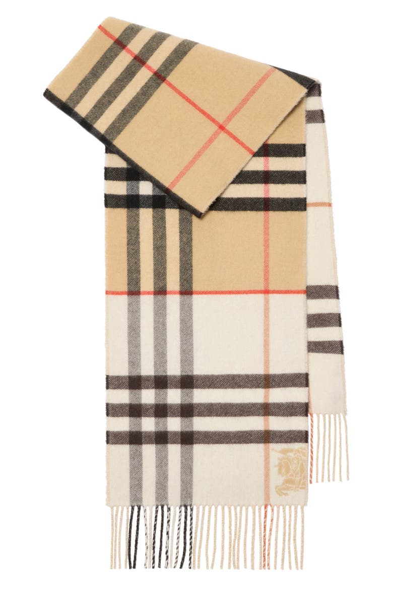 Jacquard Check Double Face Cashmere Fringe Scarf, Main, color, SAND/ PEBBLE WHITE