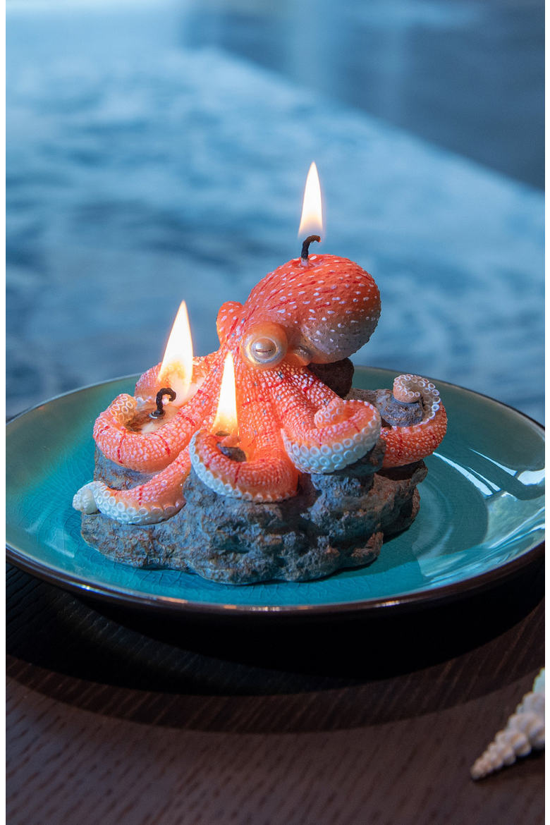 Octopus on Reef Candle, Alternate, color, Bright Coral / Turquoise