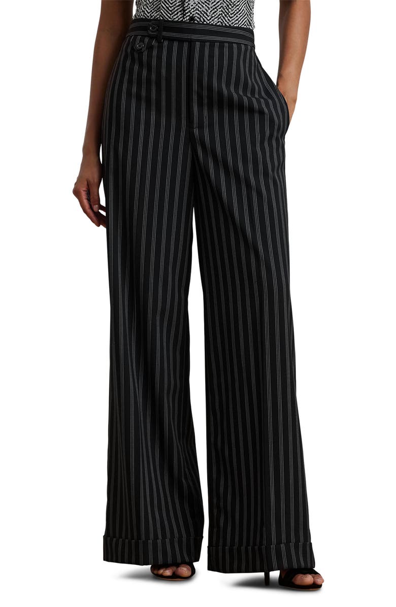 Lauren Ralph Lauren Stripe Wide Leg Twill Pants, Main, color, Black/ Cream