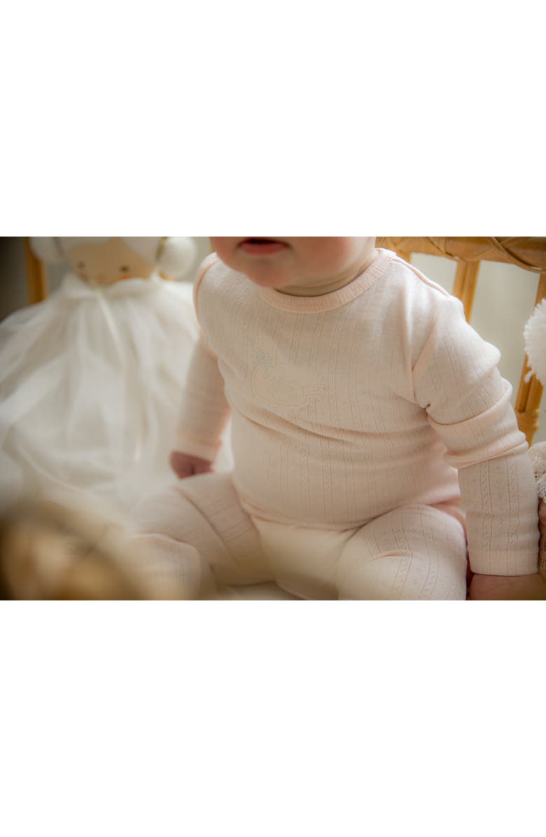 Whipped Cocoa Bird Pointelle Embroidered Long Sleeve Romper, Alternate, color, Primrose