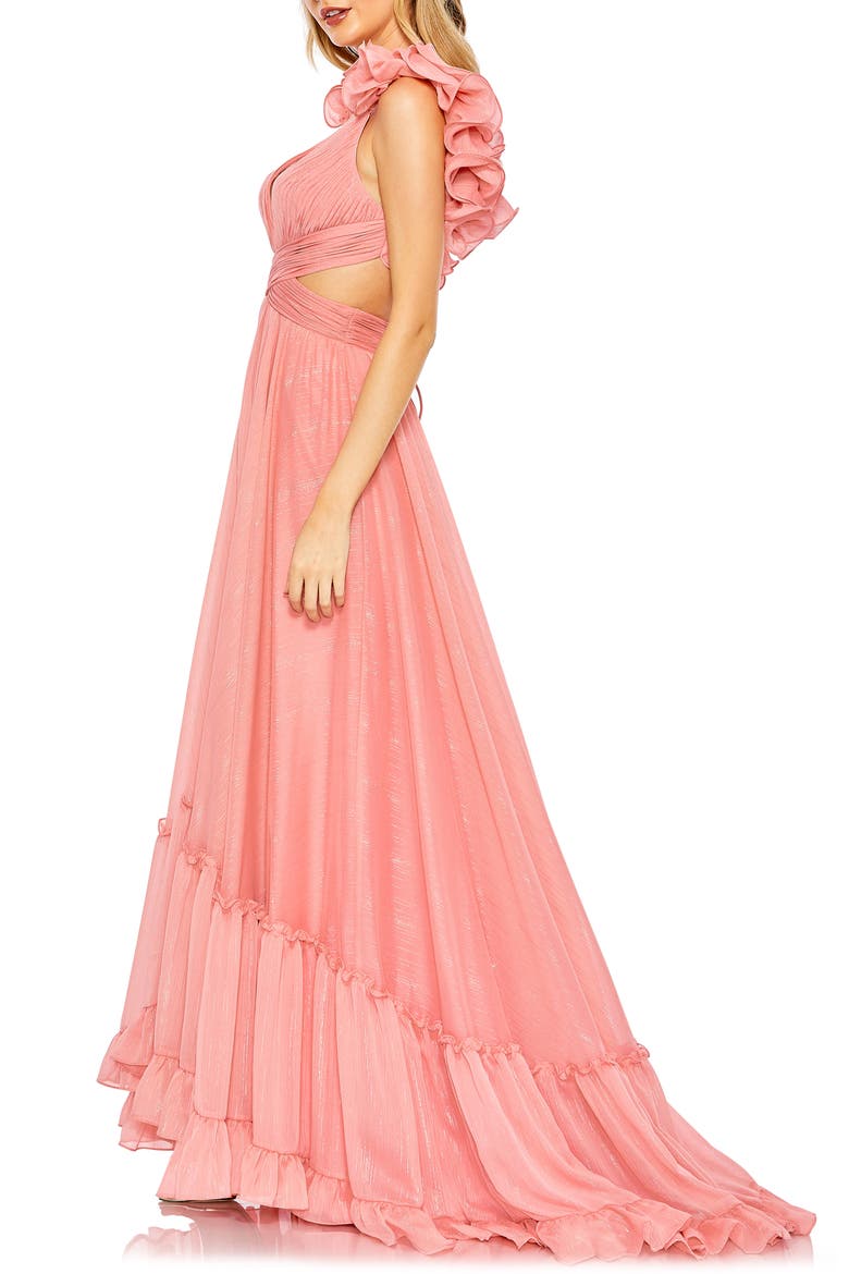 Ruffle Sleeve V Neck A Line Gown, Alternate, color, CORAL