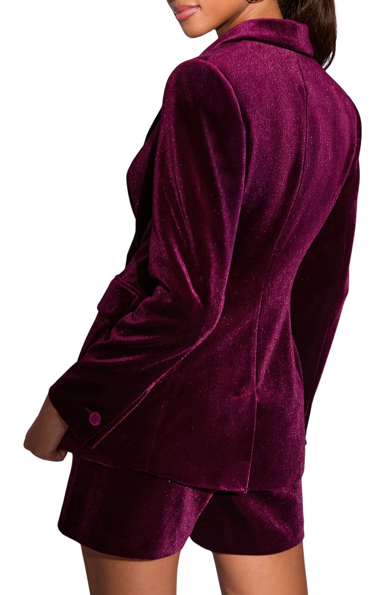 Lipsy Shimmer Velvet Double Breasted Blazer, Alternate, color, Berry Red