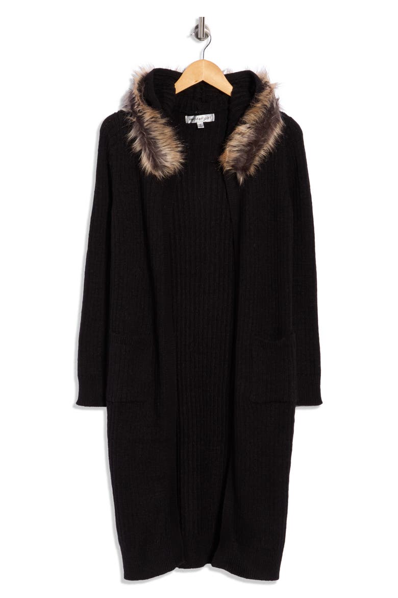Faux Fur Collar Cardigan Duster, Main, color, BLACK