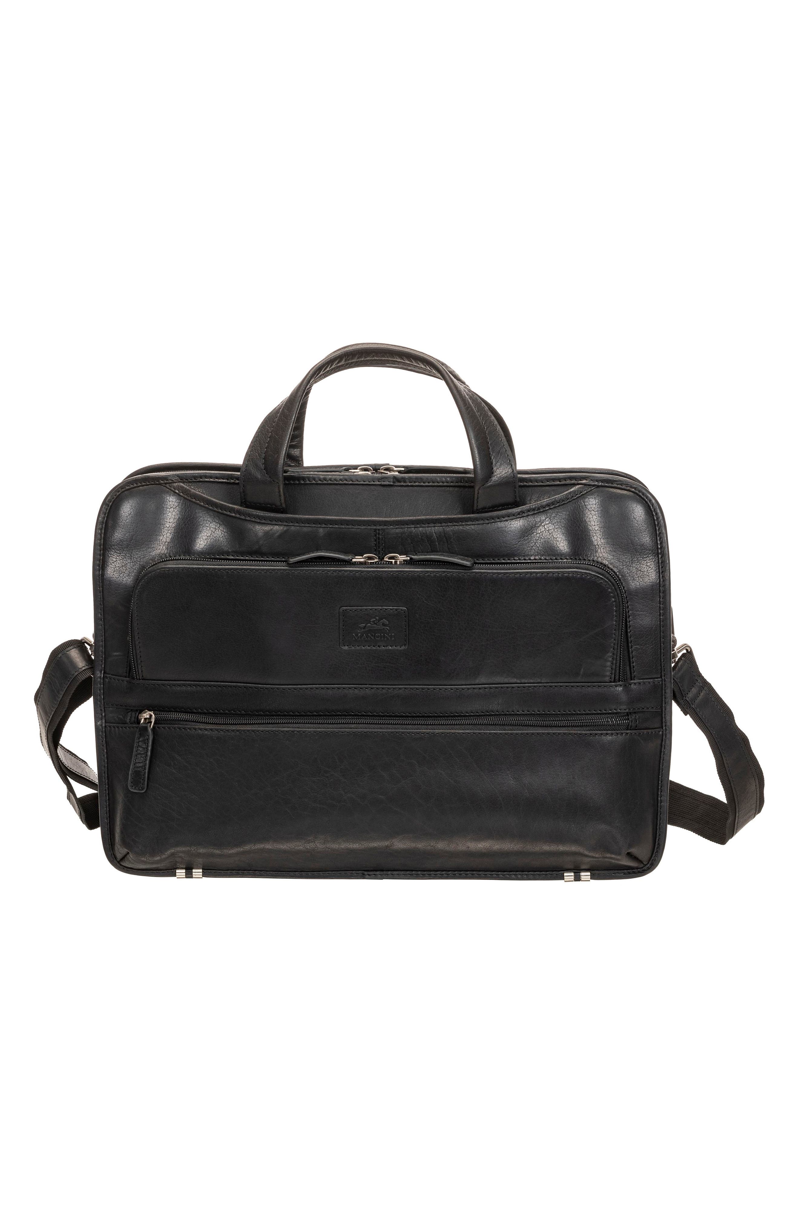 Mancini Triple Compartment Leather Briefcase, Alternate, color, Black