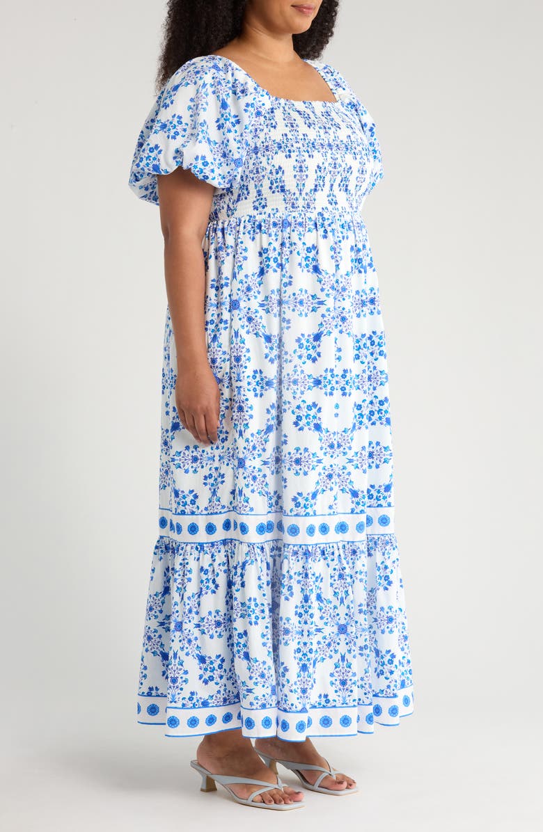 SUGARLIPS Vera Floral Smocked Maxi Dress, Alternate, color, White/ Blue