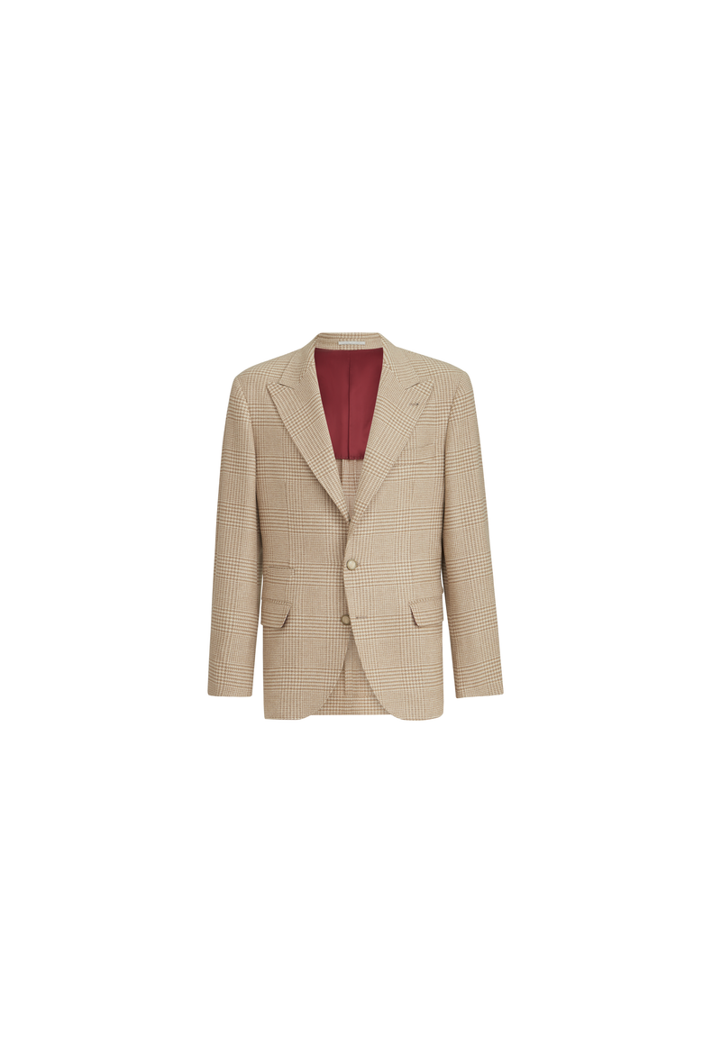 Comfort wool and cashmere Prince of Wales flannel deconstructed blazer with large peak lapels, Alternate, color, Camel