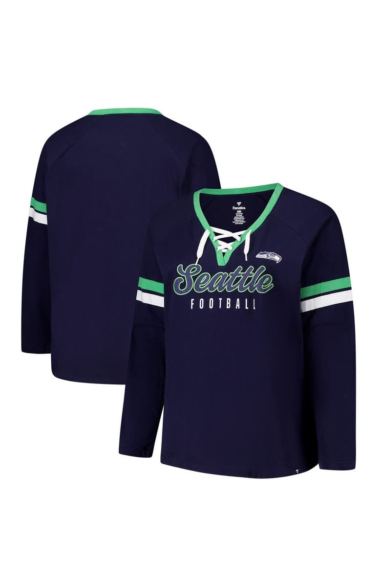FANATICS Women's Fanatics College Navy Seattle Seahawks Plus Size Won & Done Lace-Up V-Neck Long Sleeve T-Shirt, Main, color, College Navy