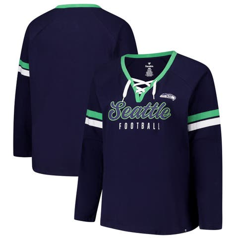 Women's Fanatics College Navy Seattle Seahawks Plus Size Won & Done Lace-Up V-Neck Long Sleeve T-Shirt