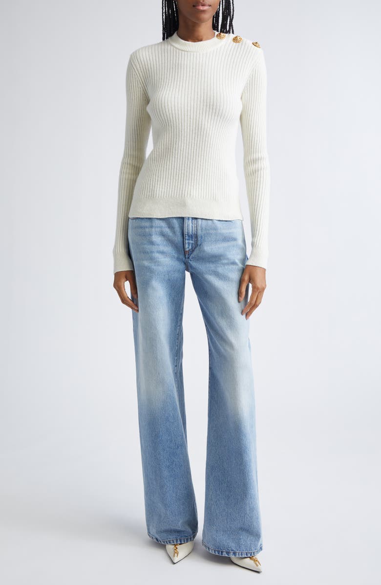 Balmain Button Detail Ribbed Cashmere Sweater, Alternate, color, Natural