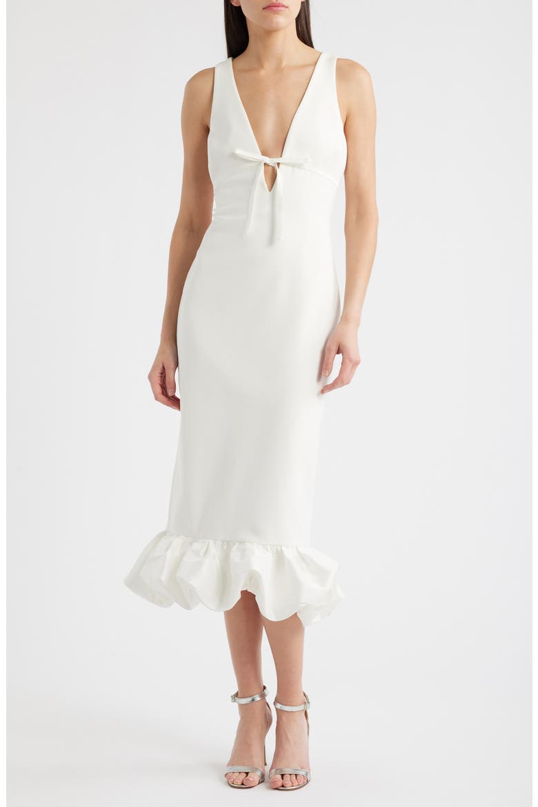Balta Ruffle Hem Mixed Media Cocktail Midi Dress, Main, color, WHITE
