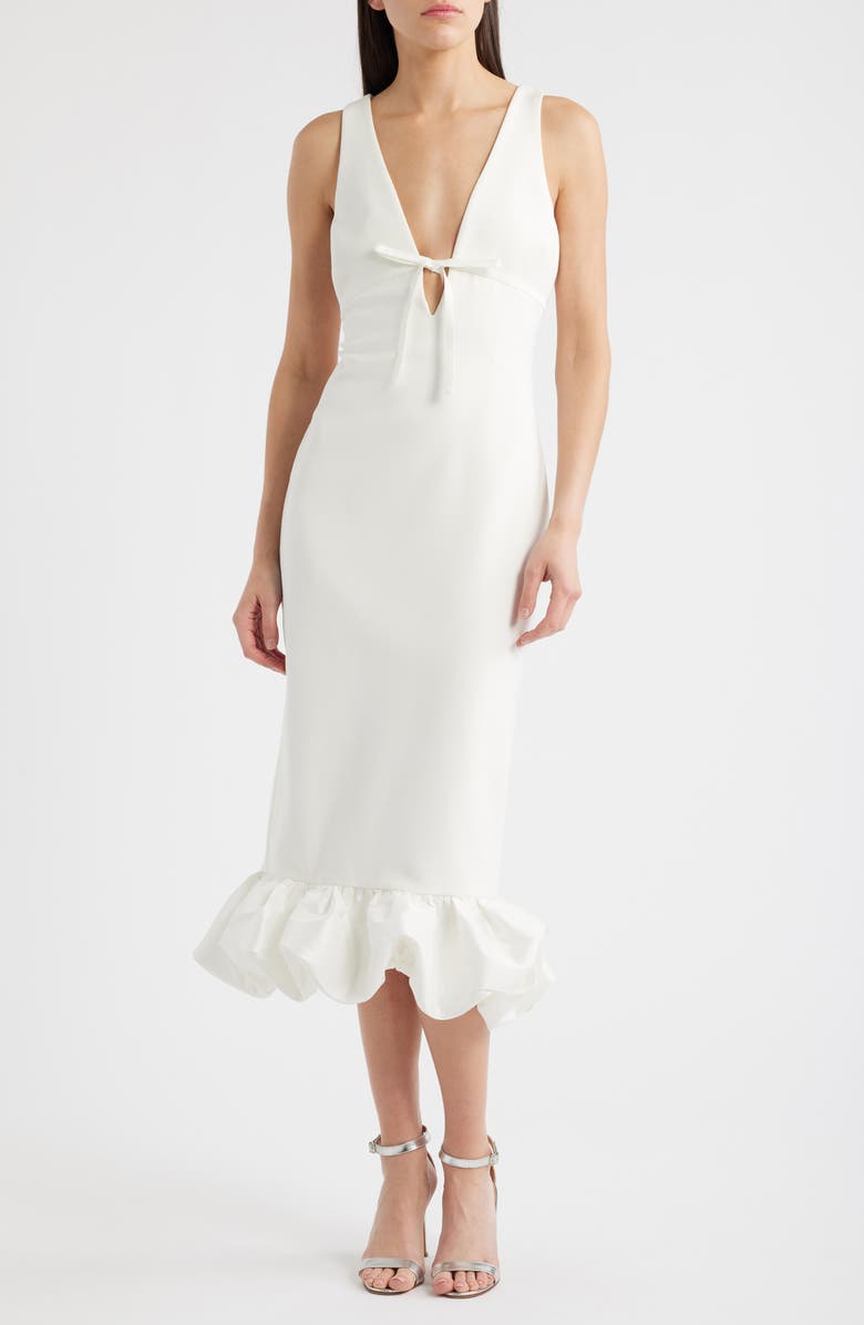 LIKELY Balta Ruffle Hem Mixed Media Cocktail Midi Dress, Main, color, White